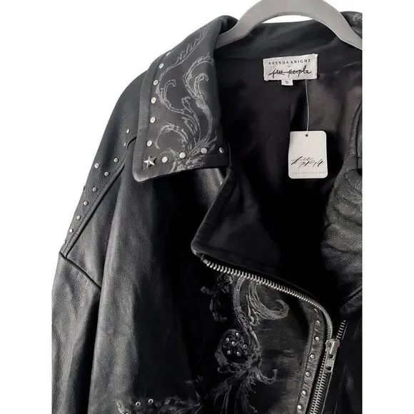 Free People Nigel Preston Chain Embellished Biker Jacket Leather - Picture 5 of 14